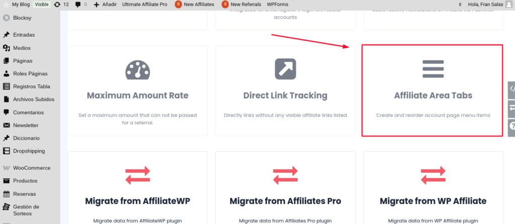 ultimate affiliate pro pestañas personalizadas cuenta de usuario
