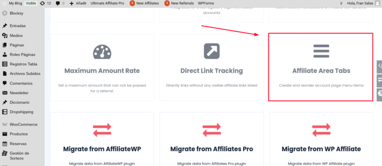 ultimate affiliate pro pestañas personalizadas cuenta de usuario