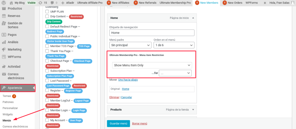ultimate membership pro menus condicionales