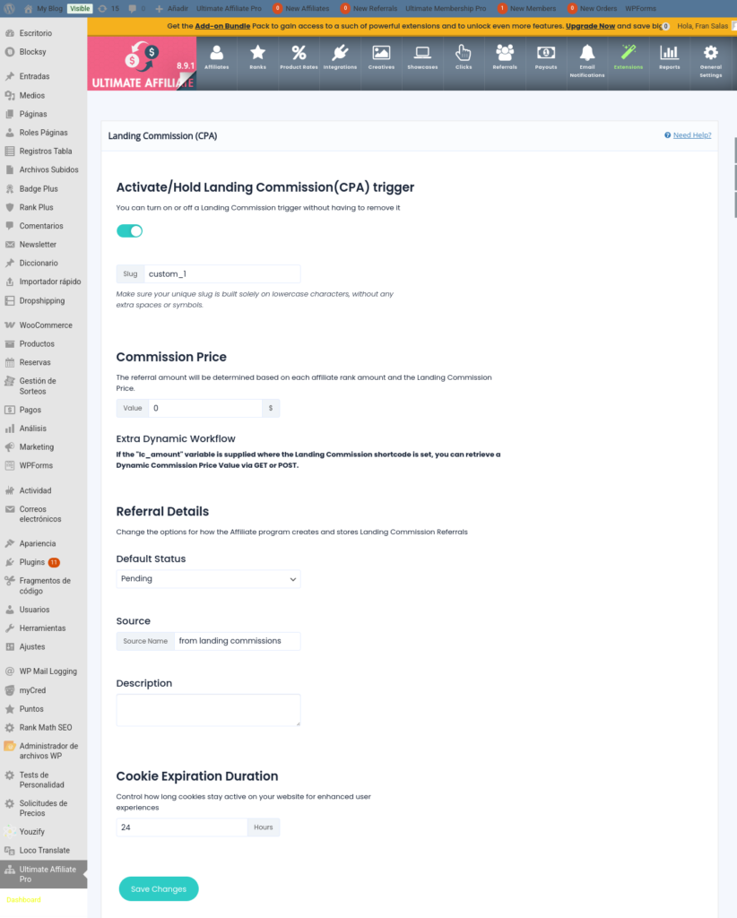 wordpress plugin ultimate affiliate pro landing commissions