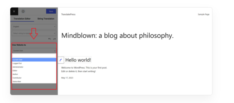 Browse as User Role Add-on translatepress