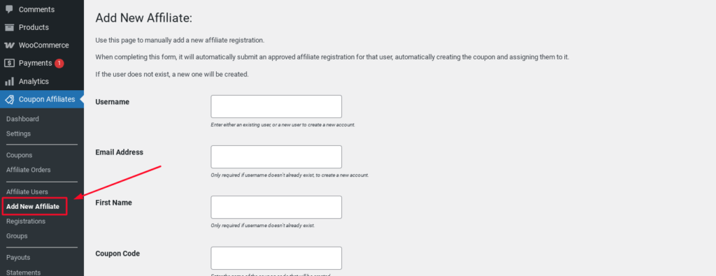 agregar afiliado coupon affiliates