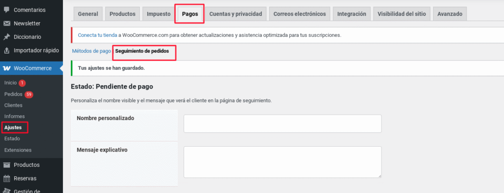 ajustes seguimiento de pedidos woocommerce