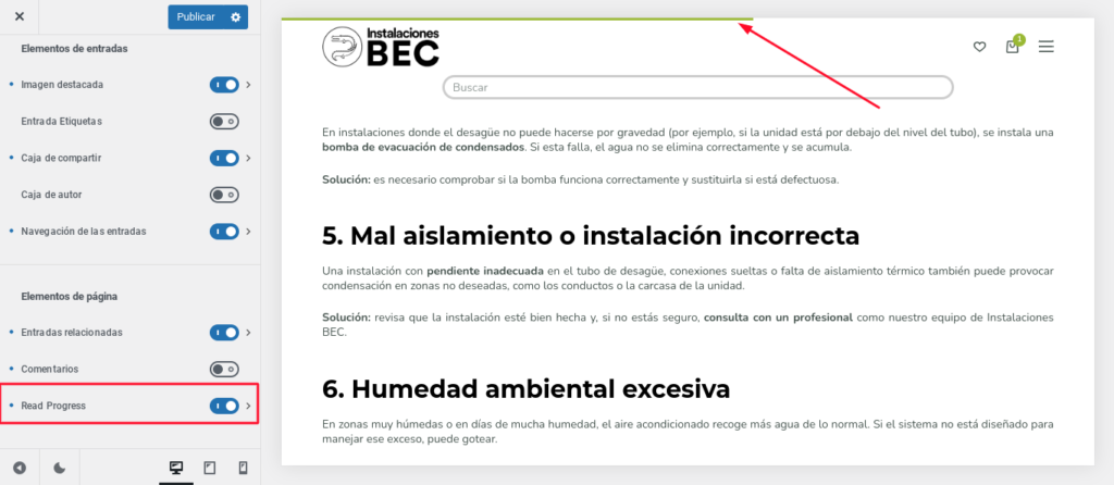 barra progreso de lectura blocksy pro