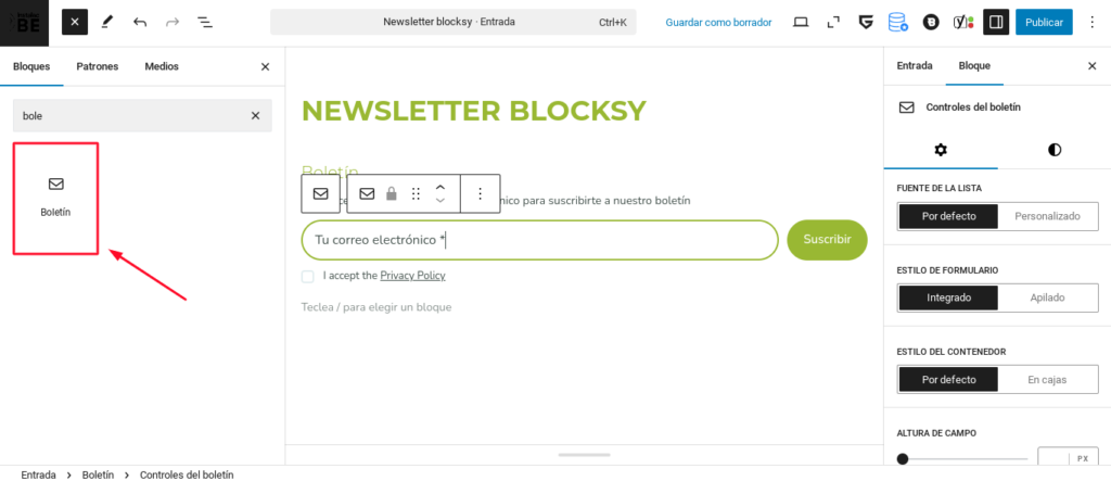 boletin blocksy wordpress nesletter