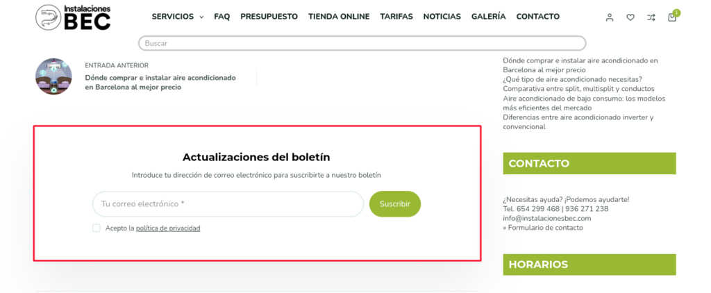 boletín de suscripción blocksy wordpress