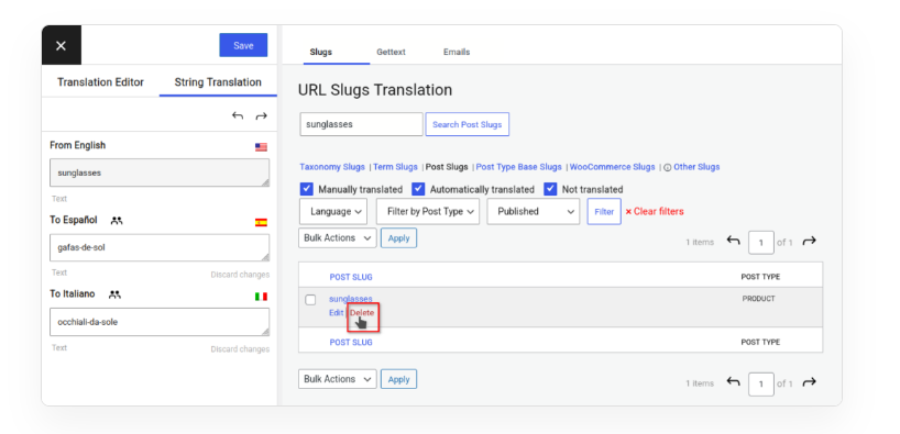 borrar traducciones slugs tranlatepress seo pack