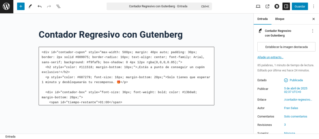 contador regresivo sin plugins wordpress