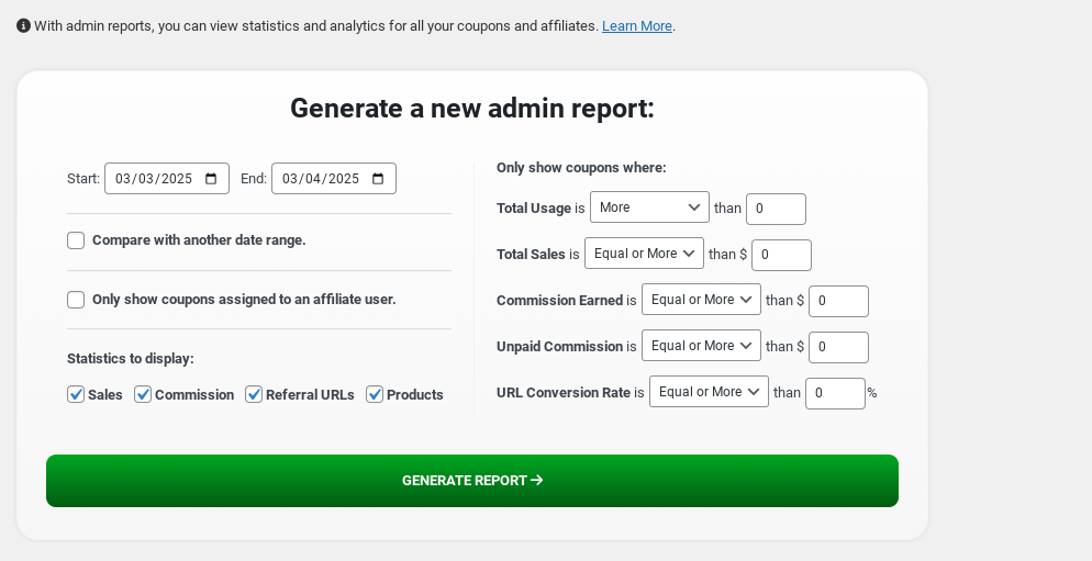coupon affiliates admin reports