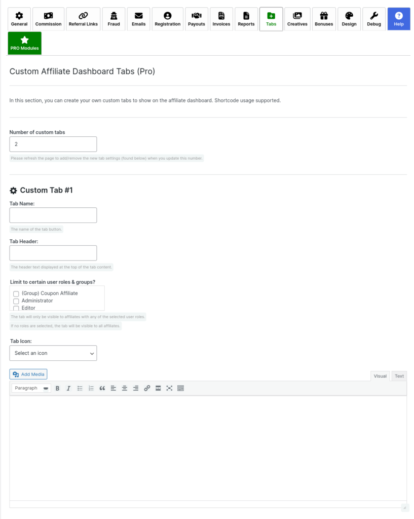 coupon affiliates custom affiliate dashboard tab