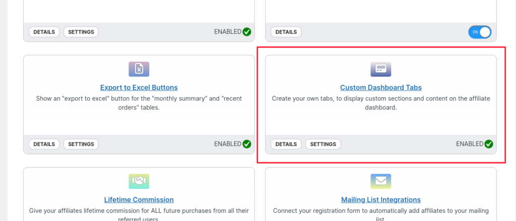 custom dashboard tabs coupon affiliates wordpress