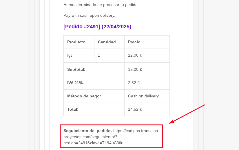 email seguimiento del pedido woocommerce