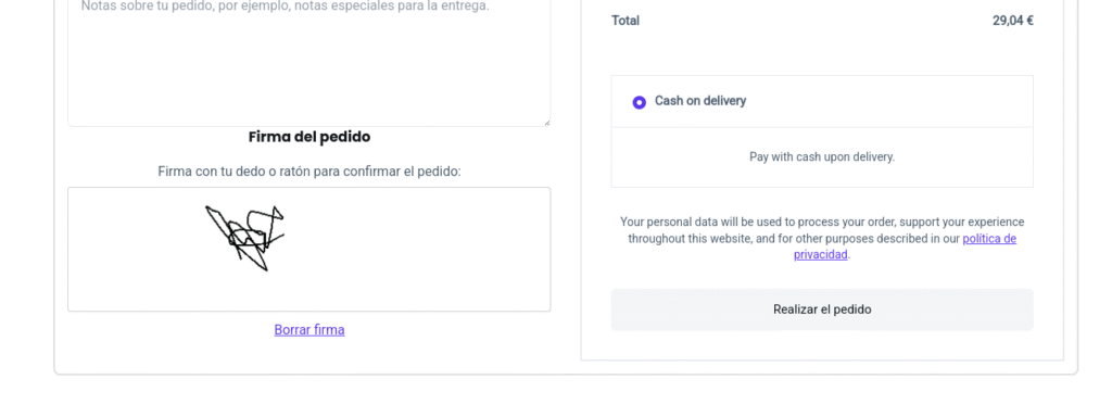 firma pedido checkout woocommerce