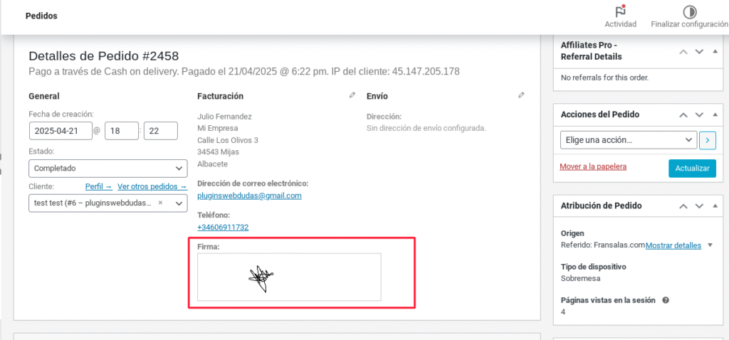 firma pedidos woocommerce admin