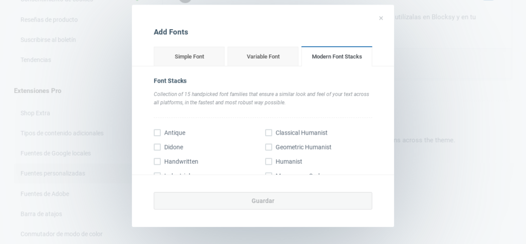 modern fonts stacks blocksy pro