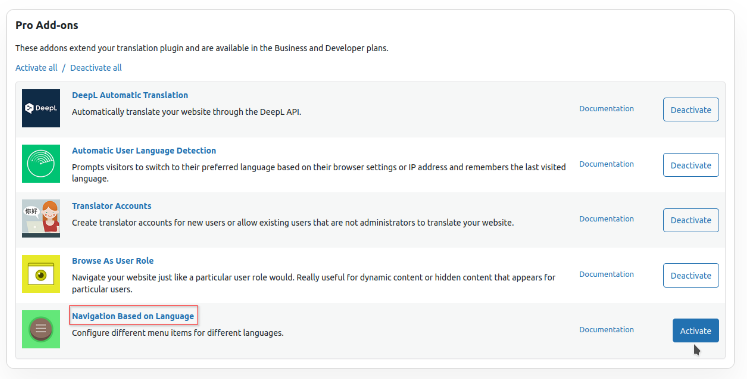 navigation based on language tranlslatepress