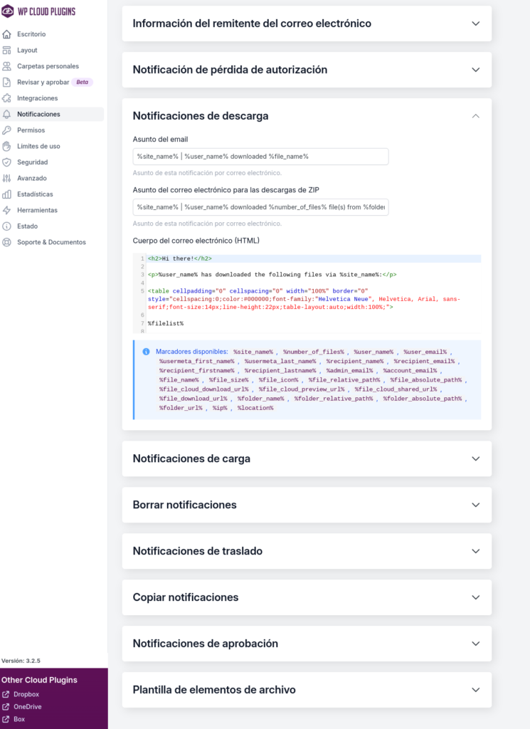 notificaciones use your drive wordpress