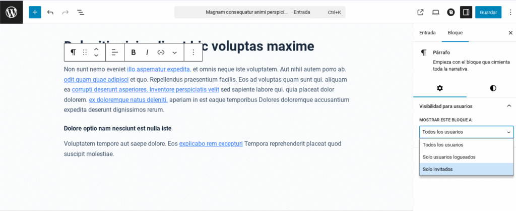ocultar mostrar bloques de gutenberg usuarios registrados