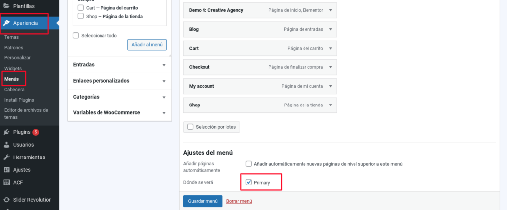 ohio apariencia menu wordpress