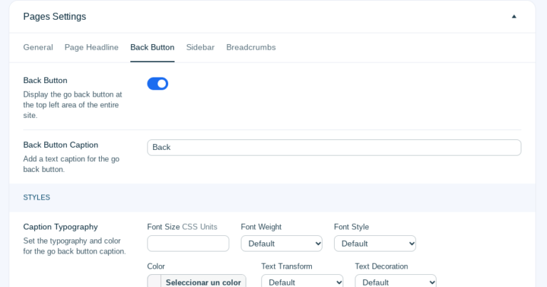 ohio page settings back button wordpress