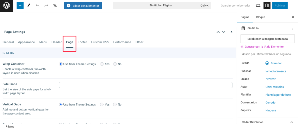 ohio page settings pagina individual wordpress
