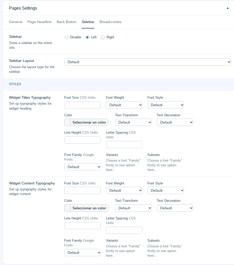 ohio sidebar page settings wordpress theme