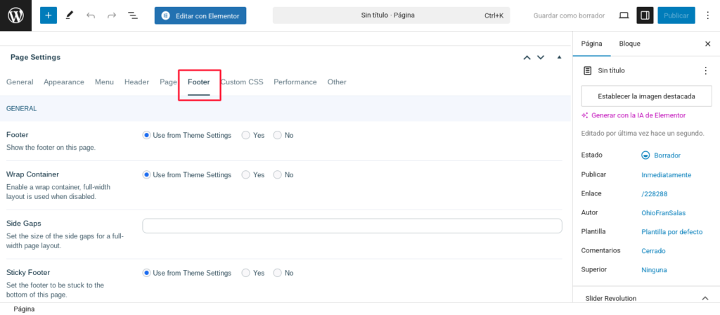 ohio wordpress footer page settings