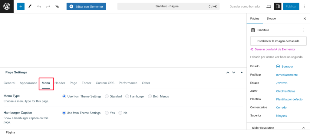 ohio wordpress menu page settings
