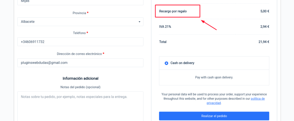 recargo por regalo woocommerce