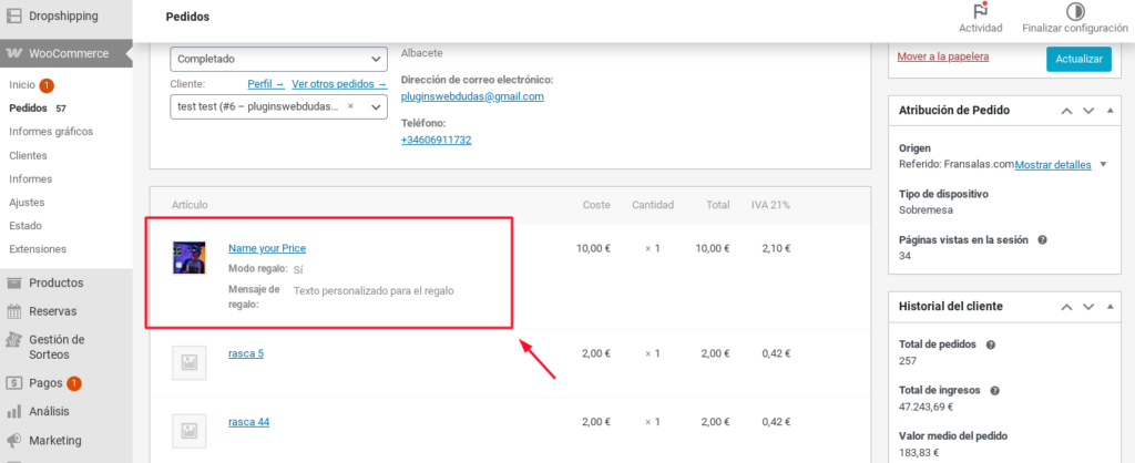 woocommerce regalos admin