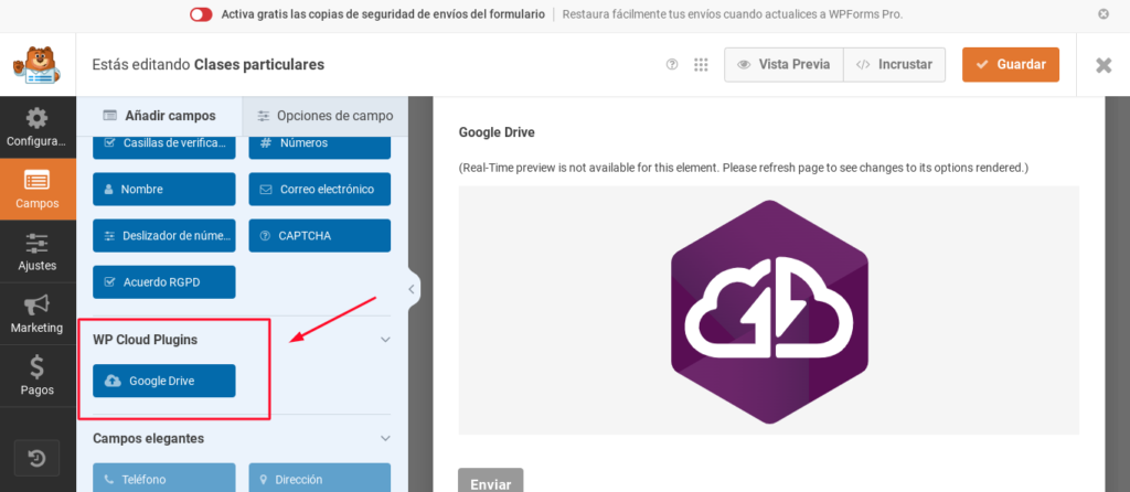 wordpress wpforms use your drive