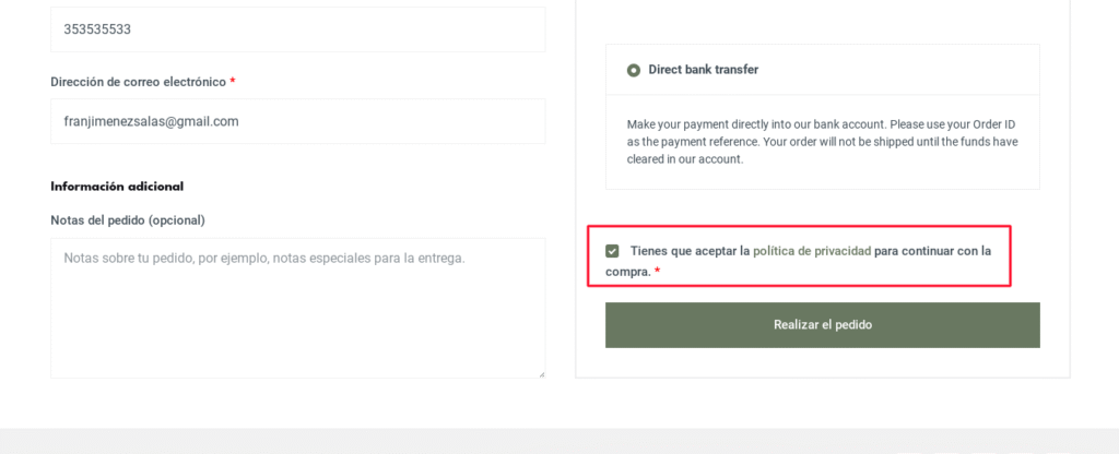 casilla politica de privacidad checkout woocommerce
