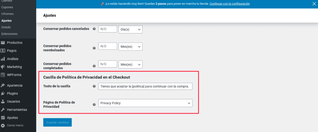 woocommerce casilla aceptacion politica de privacidad checkout